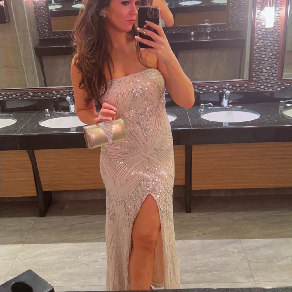 Silver Sequin Maxi Gown with Strapless Neckline and High Slit for Weddings